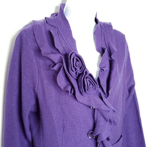 Marisa Christina Wool Cardigan Purple Sweater Sz M Ruffles 3D Flowers - Picture 2 of 4